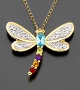 Lighthearted style that makes you smile. This dragonfly pendant features oval-cut blue topaz (14 ct. t.w.), round-cut amethyst accents, round-cut citrine accents and round-cut garnet accents set in 14k gold. Approximate length: 18 inches. Approximate drop: 3/4 inch.