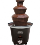 The life of the party! Break out this mini chocolate fondue fountain whenever you want to guarantee a good time. Simply add melted chocolate and let guests dip their favorite treats into the two tiers of indulgent chocolate. Holding over 2 pounds of chocolate and coming with 4 fondue forks, this fountain takes your party to the next level. 3-month warranty. Model CFF-965.