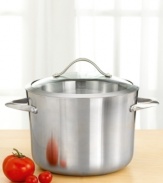 No chef can do without this kitchen essential! 8-quart stock pot is ideal for slow simmers of soups, pastas and bulk vegetables. Stainless steel construction with sleek curved vessel provides for consistently great cooking results. Includes stay-cool long handles so your hands don't get burned and a glass cover. Dishwasher safe. Lifetime warranty.