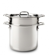 Perfect for steaming shellfish, blanching veggies and whipping up your favorite pastas, this spacious stock pot is designed with a colander insert for easy lifting and draining. A triple-bonded construction, induction-ready exterior and aluminum core distribute heat evenly and produce perfect results. Lifetime warranty.