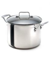 The features professional chefs love, now in your home kitchen. This Emerilware stock pot has a layered base that includes sheets of stainless steel and aluminum for exceptional heat conductivity -- just what you need for pro-style results. Lifetime warranty.