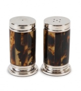 The alluring beauty of multi-faceted Tortoise shell finish presents a warm accent to clean stainless steel in this pair of shakers from Lauren by Ralph Lauren.