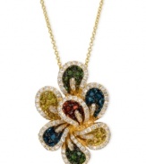 Colorful and detailed, Le Vian's vibrant flower pendant features round-cut white diamonds (3/4 ct. t.w.), red diamonds (1/5 ct. t.w.), blue diamonds (3/8 ct. t.w.), yellow diamonds (3/8 ct. t.w.) and green diamonds (3/8 ct. t.w.). Set in 14k gold. Approximate length: 18 inches. Approximate drop: 1-1/2 inches.