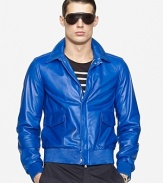 A modern interpretation of authentic military bomber jackets, this trim-fitting silhouette makes a bold statement in sumptuous Italian leather that's updated in bright, brilliant hue.