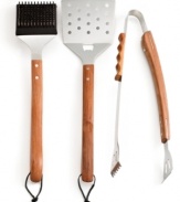 Get ready to grill! This comprehensive set makes it easy to grill up great flavor and equips you with all the tools you need to make a masterful meal and clean up afterward. Including tongs, grill brush and a wide spatula with bottle opener, this stainless steel set is always prepared for a BBQ. 1-year warranty.