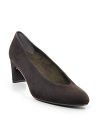 Suede mid-heel pumps in a classic silhouette. 2.25 covered heel.