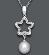 Aim high. Like stars in this sky, this stunning pendant twinkles with the addition of diamond accents and a shimmering cultured freshwater pearl (6-7 mm). Set in sterling silver. Approximate length: 18 inches. Approximate drop: 1 inch.