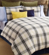 Tommy Hilfiger's Lake George decorative pillow features a navy blue hue with yellow trim in cotton canvas. Embellished with decorative buttons and the Tommy Hilfiger monogram for a classic appeal.