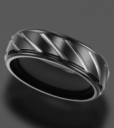 Strong, durable black titanium showcases silver tone etching on this sleek ring by Triton. 7 mm band. Sizes 8-15.