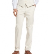 A slim-fitting silhouette and a neutral hue make these flat-front pants from Calvin Klein a natural choice for the modern man.