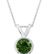 Burst onto the style scene. A round-cut, bezel-set green diamond (1 ct. t.w.) shines in a luminous 14k white gold setting. Approximate length: 18 inches. Approximate drop: 1/2 inch.