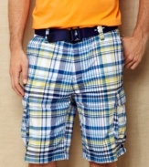 Change your normal cargo pattern with these big plaid shorts from Nautica.