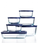 Heat up, dish out, keep fresh. This collection of durable and versatile glass storage containers revolutionizes the way you prep, serve & store food in your kitchen. Moving from microwave to oven dishwasher to fridge and freezer, this set quickly becomes a staple in any busy space. 2-year warranty on bakeware; 1-year warranty on plastic covers.