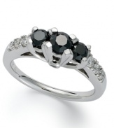 Chic contrast. This sweetly-sparkling 3-stone ring combines round-cut black diamonds (3/4 ct. t.w.) and white diamonds at the shoulders (1/4 ct. t.w.). Set in 14k white gold.