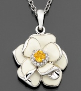 Brighten your look with a little piece of sunshine. This flower pendant features round-cut citrine (1/8 ct. t.w.), sparkling diamond accents, and polished petals in white enamel. Setting and chain crafted in sterling silver. Approximate length: 18 inches. Approximate drop: 1 inch.