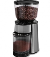 The daily grind just got a major boost. This heavy-duty coffee grinder with removable bean hopper blends up a precision gourmet brew packed with powerful flavor and rich notes, taking your day-to-day from ordinary to extraordinary. Holds 1/2 pound of beans and features 18 different grind selections for superior results catered to your specifications. 1-year limited warranty. Model BVMC-BMH23.