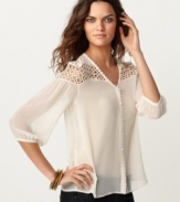 A geometric crochet inset is more chic than sweet on this Kensie chiffon blouse -- add sleek skinny jeans to complete the look!