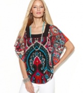 Bold, look-at-me color and a lush, exotic print give INC's sheer tunic a global-glam update!