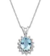 Royally stunning. This gorgeous pendant necklace features an oval-cut aquamarine (1-1/10 ct. t.w.) surrounded by a halo of round-cut diamonds (1/10 ct. t.w.). Crafted in 14k white gold. Approximate length: 18 inches. Approximate drop: 3/4 inch.