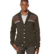 Handsome shawl collar cardigan by Perry Ellis designed with subtle and unique patterns at chest.