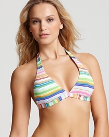 In a cute color way, Echo's striped halter bikini top is destined to become a poolside favorite--whether worn with the matching bottom or something cool and clashing.