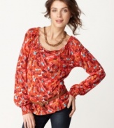 The peasant top gets reinvented with a modern floral design in this breezy look from Lucky Brand Jeans. Pair it with your favorite flares for an of-the-moment look!