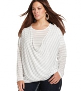 Sparkle from day to night with Seven7 Jeans' long sleeve plus size top, highlighted by metallic stripes.