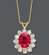 Style fit for a queen. Necklace features a bright red, oval-cut ruby (2-1/5 ct. t.w.) surrounded by sparkling round-cut IGI Certified diamonds (1 ct. t.w.). Crafted in 14k gold. Approximate length: 16 inches. Approximate drop: 3/4 inch.