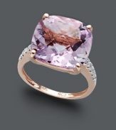 Set the trends in this shimmery statement ring! Crafted in 14k rose gold, ring highlights a cushion-cut pink amethyst (9-1/2 ct. t.w.) edged on the sides by sparkling diamond accents.