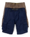 Flat front cargo shorts can be worn with a button up, collared shirt or tee.