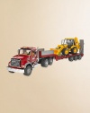 Incredibly realistic 1:16 scale model provides hours of imaginative play, with flatbed truck, loading trailer with fold-down ramp, Caterpillar bulldozer backhoe plus opening doors and lift-up hood displaying engine block.Plastic Truck, about 36¾L X 7¾W X 10½H Backhoe, about 20½L X 6¼W X 7¼H Recommended for ages 3 and up Made in Germany