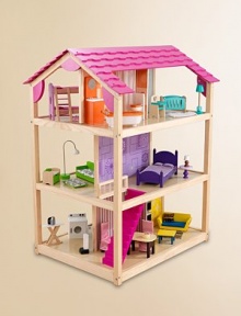 This large dollhouse is created in wood with an open design that offers plenty of room to play from all angles. Designed with three floors of fun, 10 rooms and 45 pieces of furniture, plus two bright pink staircases.