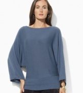 Look relaxed and polished in Lauren Ralph Lauren's three-quarter-sleeved petite boatneck top, fashioned in a substantial cotton jersey with dolman sleeves for comfort and a sleek silhouette.