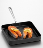 Throw another shrimp, burger or steak on the grill. This handsome grill pan is constructed of heavy-gauge, hard-coat anodized aluminum for durability and even heat distribution. With a nonstick interior for optimum release and easy cleaning. Solid cast stainless steel handle is double riveted. Lifetime warranty.