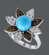 A springtime statement. Carlo Viani's fabulous flower ring highlights a round-cut turquoise center (3-1/3 mm) surrounded by round-cut white sapphire (1/2 ct. t.w.) and smokey quartz (3/8 ct. t.w.) covered petals. Crafted in 14k white gold.