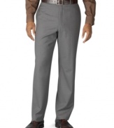 A clean silhouette and comfortable fit make this flat-front dress pant an instant classic. Woven in superfine all season natural stretch fabric to move with you. Engineered stretch waistband expands up to 2 inches for comfort.  Teflon coating for stain resistance. Lined to knee. On-seam pockets. Button-through back pockets.