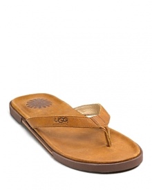 Leather insole wrapped in cushiony foam with TPU rubber outsole. Simple, casual thong sandals in leather.