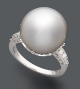 Enchant your audience with this pristine ring. Highlighting a cultured South Sea pearl and sparkling diamond side stones (1/5 ct. t.w.), this is a timeless and versatile piece for your accessory collection. Crafted in 14k white gold.