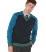 Color up your fall layers with this colorblocked v-neck sweater from Perry Ellis.