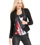 A classic black blazer gets edged up with tuxedo styling and a faux-leather shawl lapel in this DKNY Jeans look.