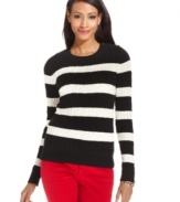 Cable knit and stripes combine to create a classic American crewneck sweater sized just right for petites, from Charter Club.