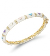 The perfect gift for your little sweetheart. This 18k gold over sterling silver bangle features white and multicolored enamel hearts. Bracelet secures with a hinge clasp. Approximate diameter: 2 inches.