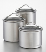 Oval-shaped canisters with stainless steel brushed finish, 1.0mm thick. Small holds 2 quarts; medium, 2.5; large, 3. Tempered glass cover with airtight seal. Calphalon® logo plate is stamped to each piece.