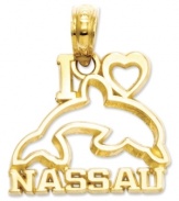 Cherish the beautiful capital of the Bahamas! Carved of 14k gold, this charm reads I (Heart) Nassau and features a graceful dolphin silhouette. Chain not included. Approximate drop length: 7/10 inch. Approximate drop width: 3/5 inch.