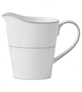 A brighter white. Royal Doulton's Finsbury creamer embodies chic minimalism, swept with a pretty white-on-white pattern and bands of pewter gray. Versatile bone china proves a smart choice for every day as well as entertaining.