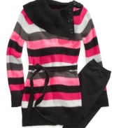 She'll look like little miss style in this contemporary striped sweater dress and leggings set by Planet Gold.