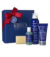 An ideal mix of classic Kiehl's Men's products for the on-the-go man who wants the best for his skin. Includes Ultimate Man Body Scrub Soap (3.2 oz.), Facial Fuel Energizing Moisture Treatment for Men (2.5 oz.), Facial Fuel Energizing Face Wash (2.5 oz.), and Facial Fuel Sky Flyin' Foaming Multi-gel (5 oz.). 