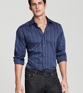 The blue's never felt so good. This sleek BOSS Black stripe shirt lights up your off-hours look.