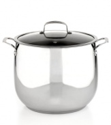 Kitchen stocked! Prep quick, dish it out & clean up easily with this stainless steel dishwasher-safe kitchen essential. With an aluminum encapsulated impact-bonded base, this pot heats up fast & evenly with a bell-shaped body that enhances moisture circulation for tender, flavor-rich results. Limited lifetime warranty.