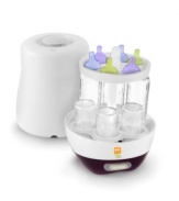 Kiss germs goodbye. Powerful steam cleaning quietly sanitizes up to 6 bottles, taking bacteria out of baby's life. Fitting bottles of all different sizes and shapes, this mother must-have is simple to use-just plug in, add water and push a button for a carefree clean. Model BC200BST. 1-year warranty.